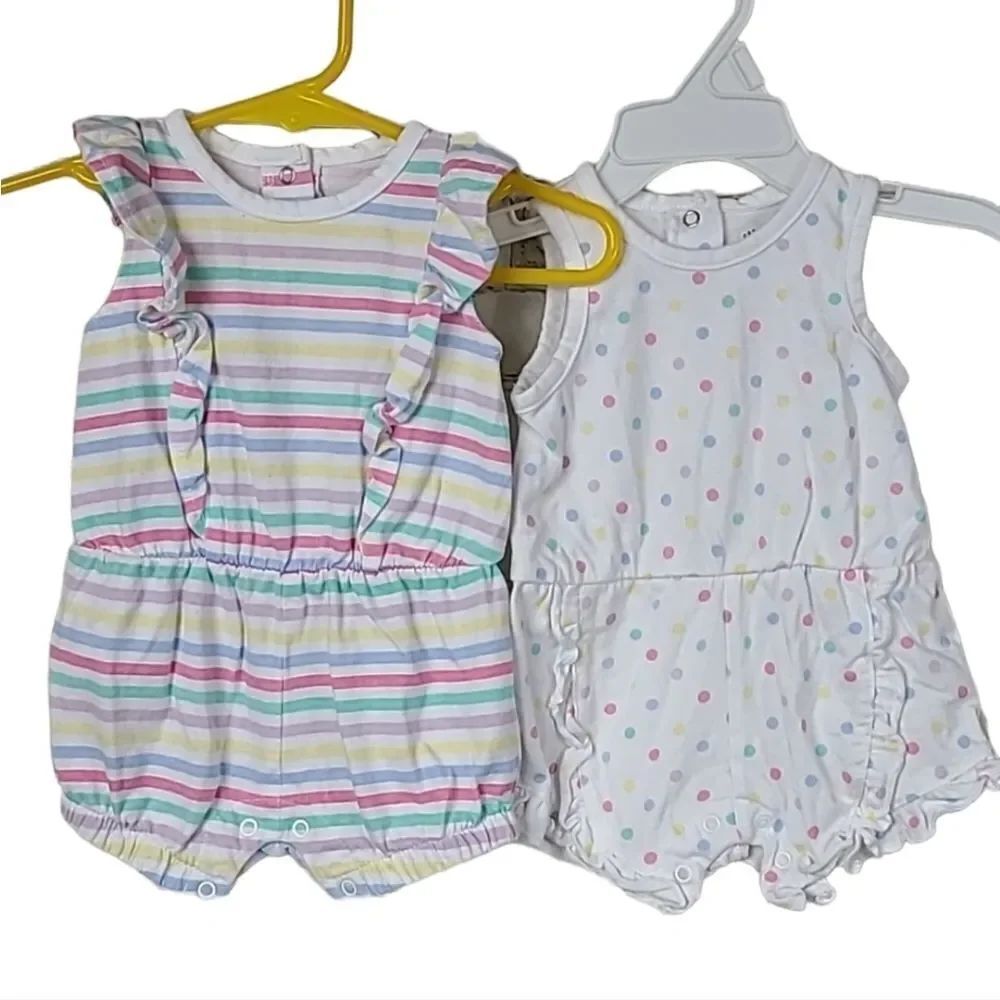 Macy's LITTLE ME Baby Girls 2-Pack Cotton Rompers Rainbow Stripe Dots 3M Onesie
